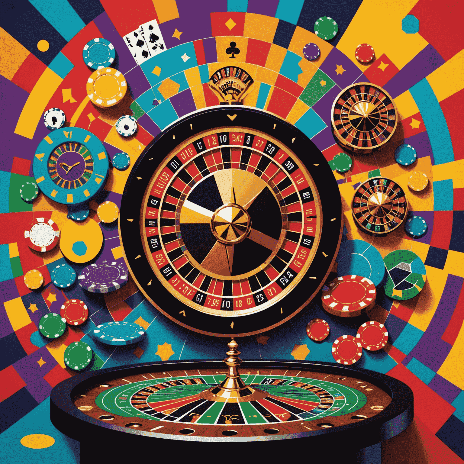 A vibrant collage of social casino games, featuring slot machines, poker tables, and roulette wheels, all designed with geometric shapes and bold colors. The image emphasizes the social aspect with abstract figures representing players interacting in a fun, risk-free environment.