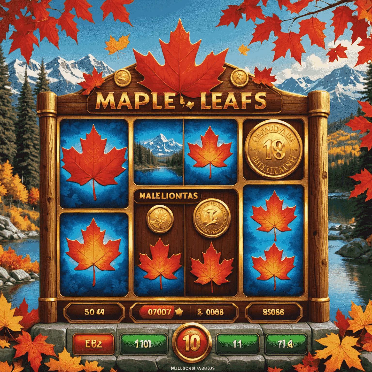Maple Leaf Millions slot game interface featuring red maple leaves, gold coins, and a Canadian wilderness background