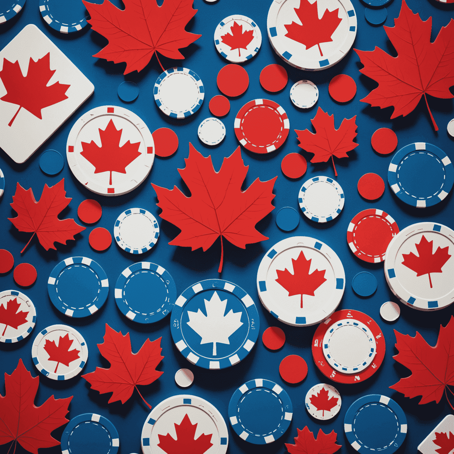 Abstract geometric representation of Canadian gaming culture, featuring maple leaf shapes, casino chips, and digital devices in a vibrant composition of red, white, and blue