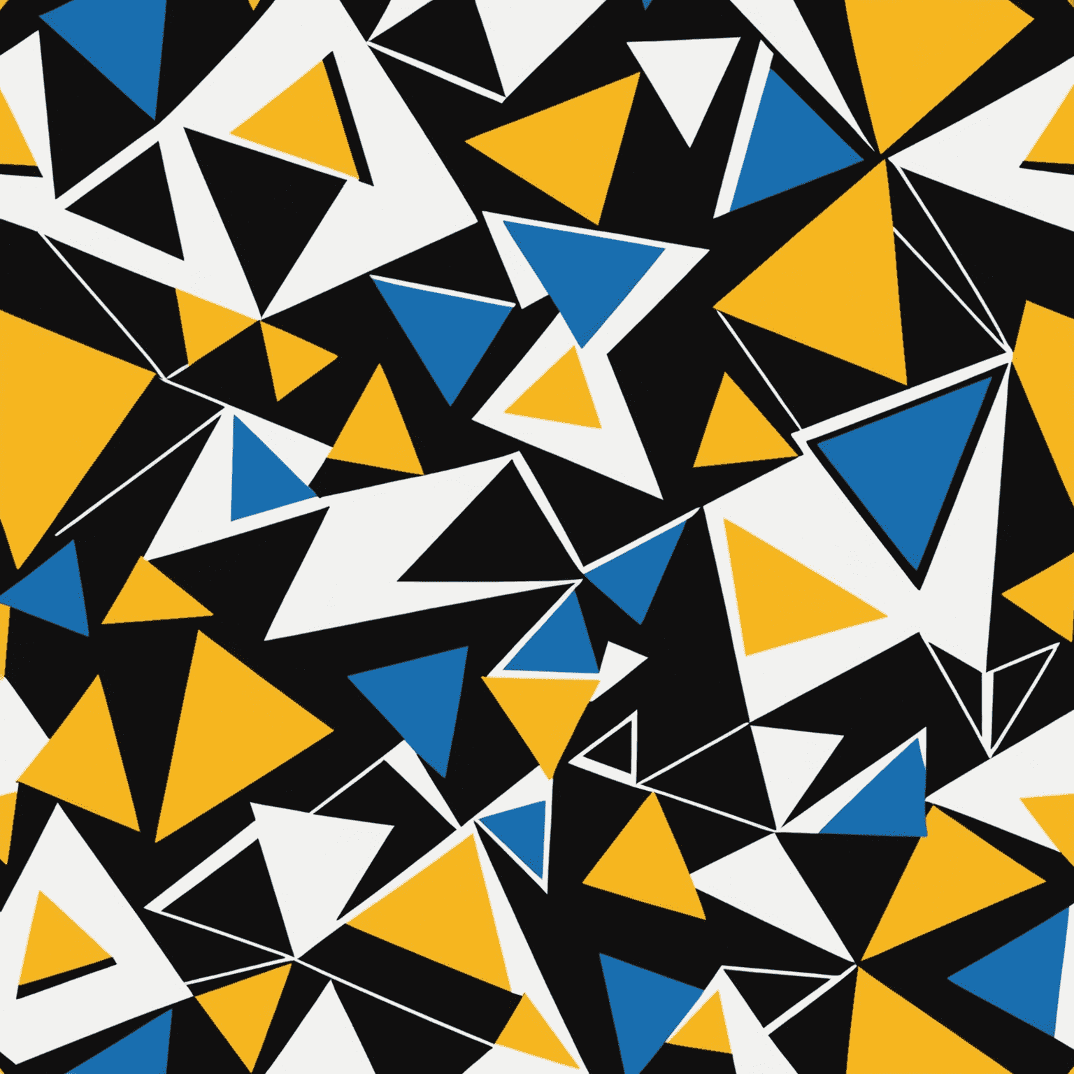 A geometric abstract representation of a social casino game development process, featuring interconnected triangles and rectangles in black, yellow, and blue on a white background