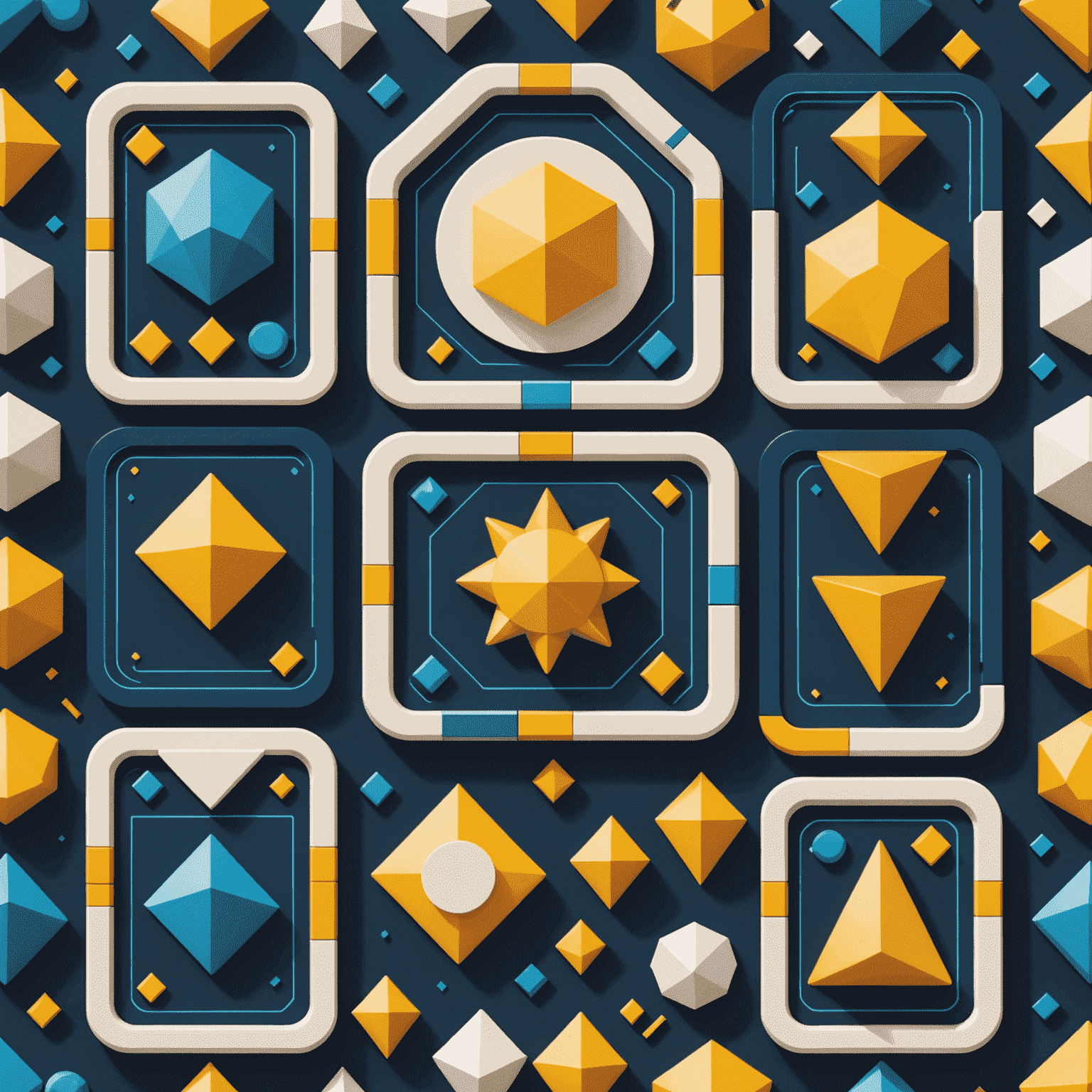 A geometric composition showcasing five distinct slot game interfaces, each represented by abstract shapes and symbols. The image uses bold blues, whites, and accents of yellow to create a visually striking representation of popular social slot games.