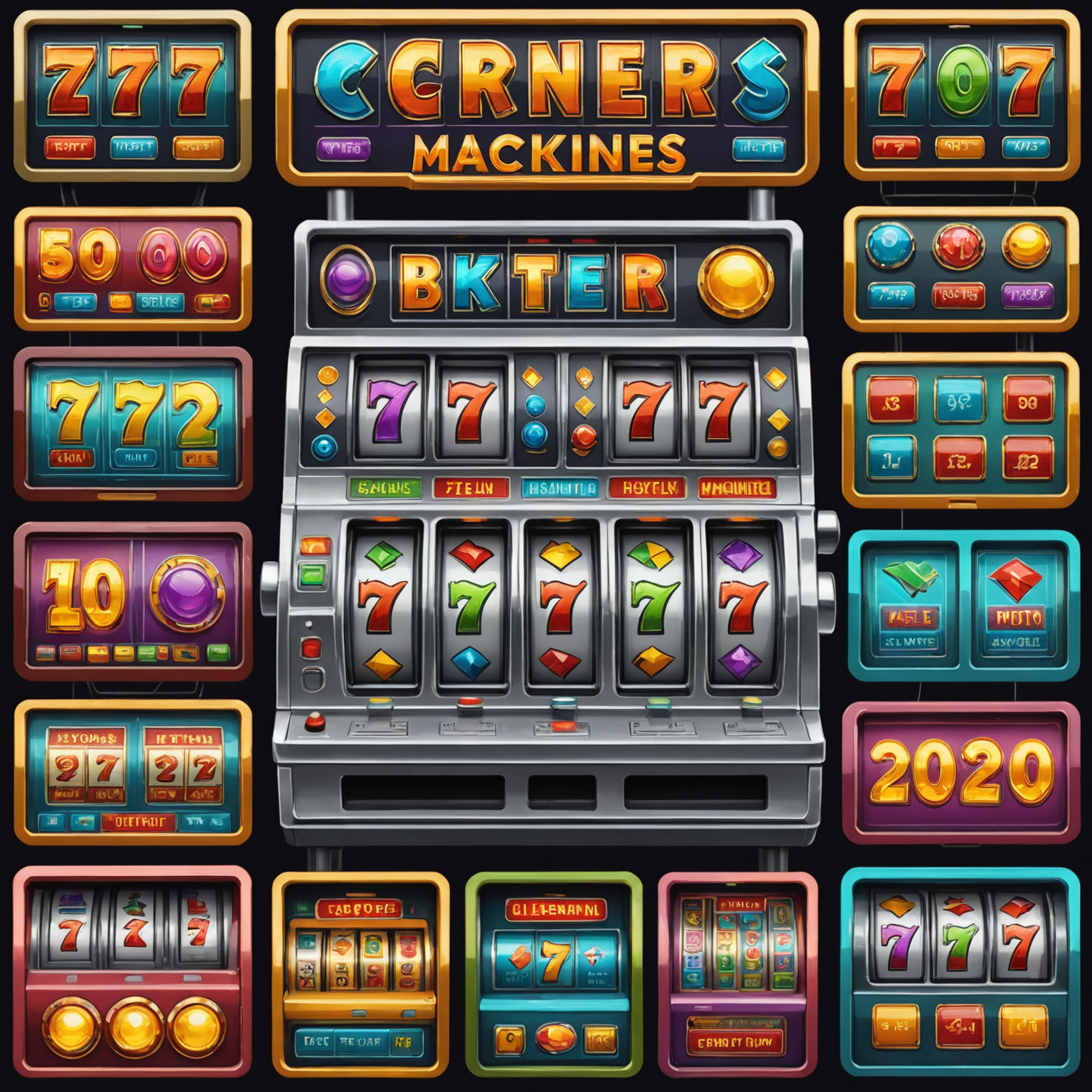 Geometric representation of colorful slot machines with abstract symbols and paylines
