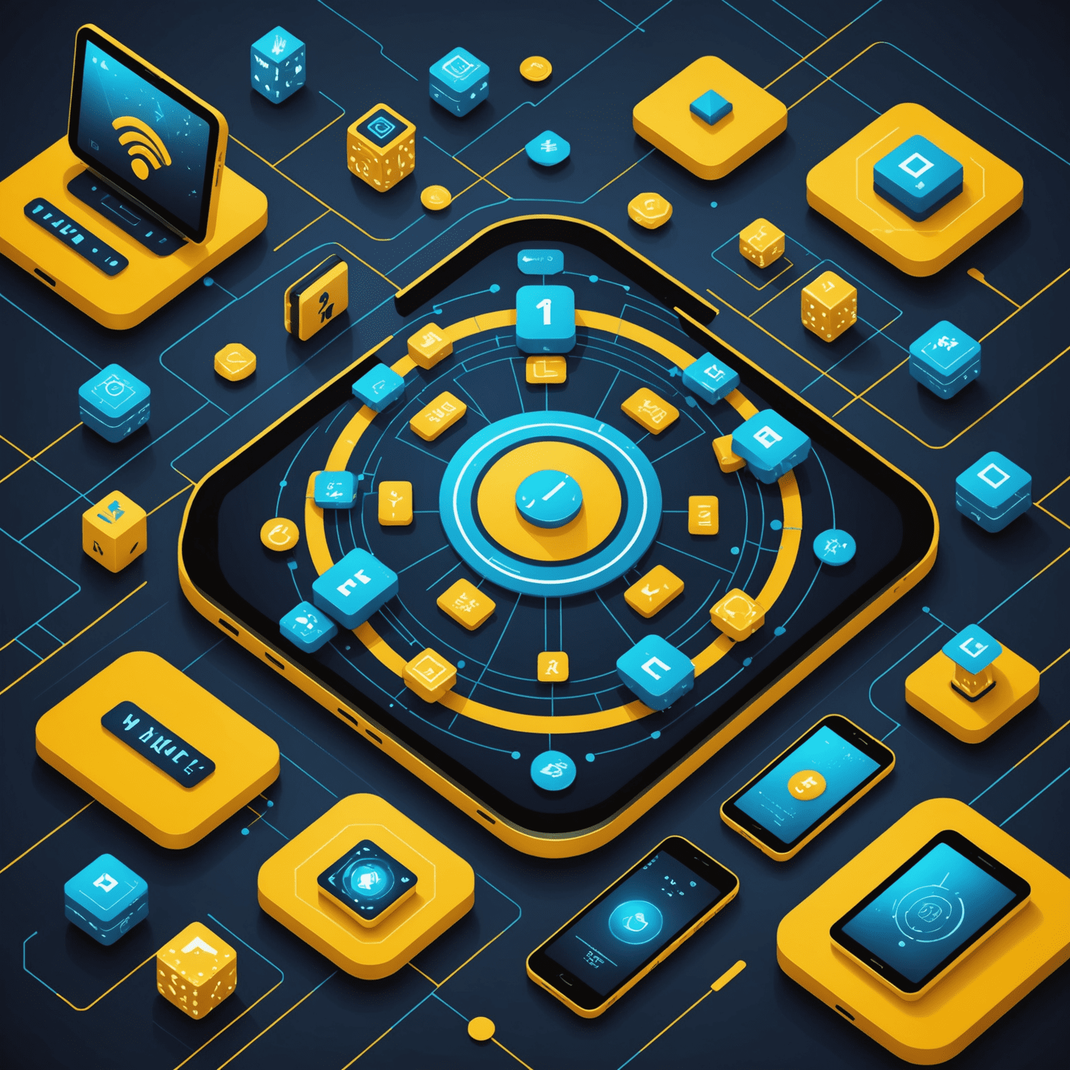 Geometric illustration showing various mobile devices with casino game interfaces, surrounded by abstract representations of Wi-Fi signals and data streams in yellow and blue