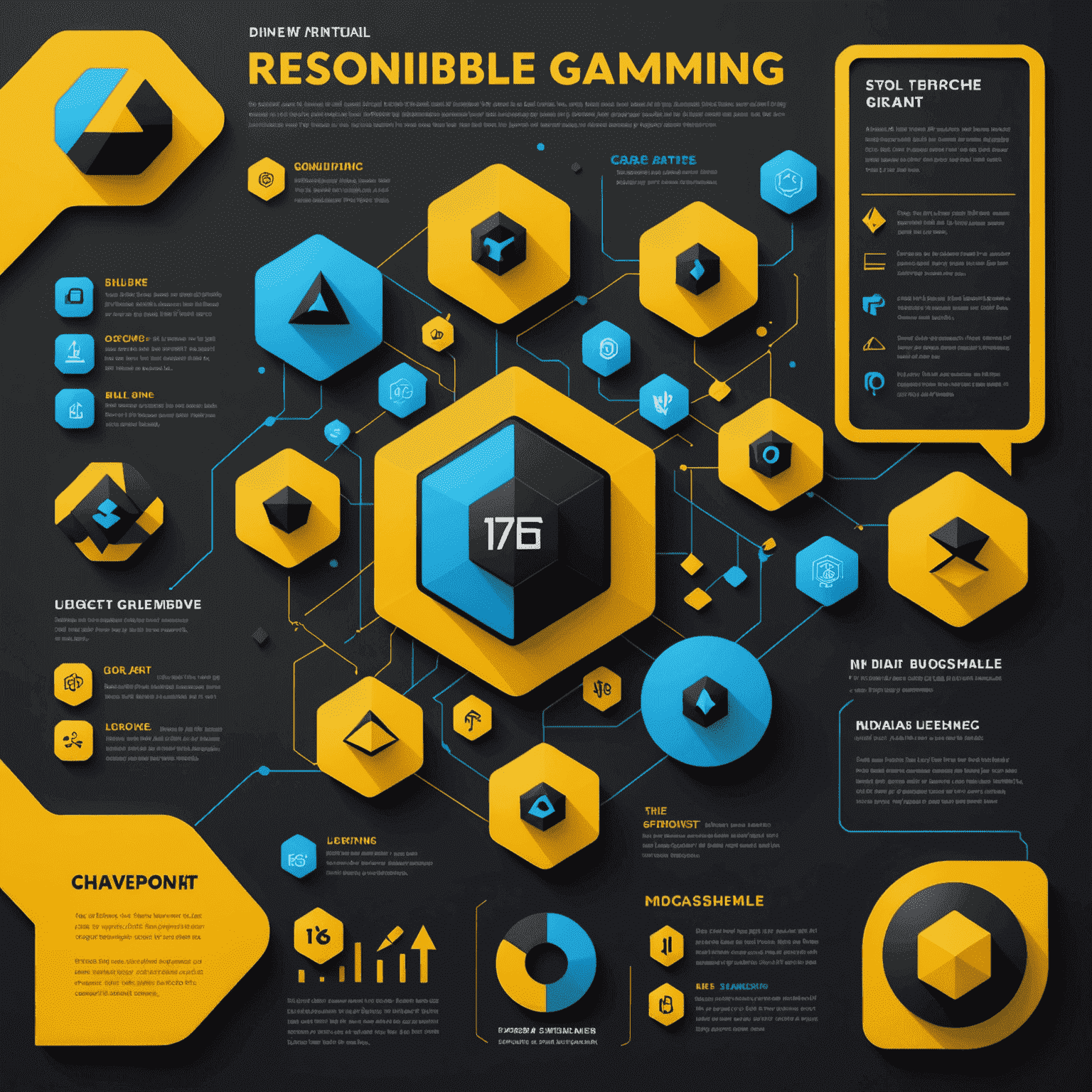 Geometric infographic showing tips for responsible gaming, using abstract shapes and icons in black, yellow, and blue