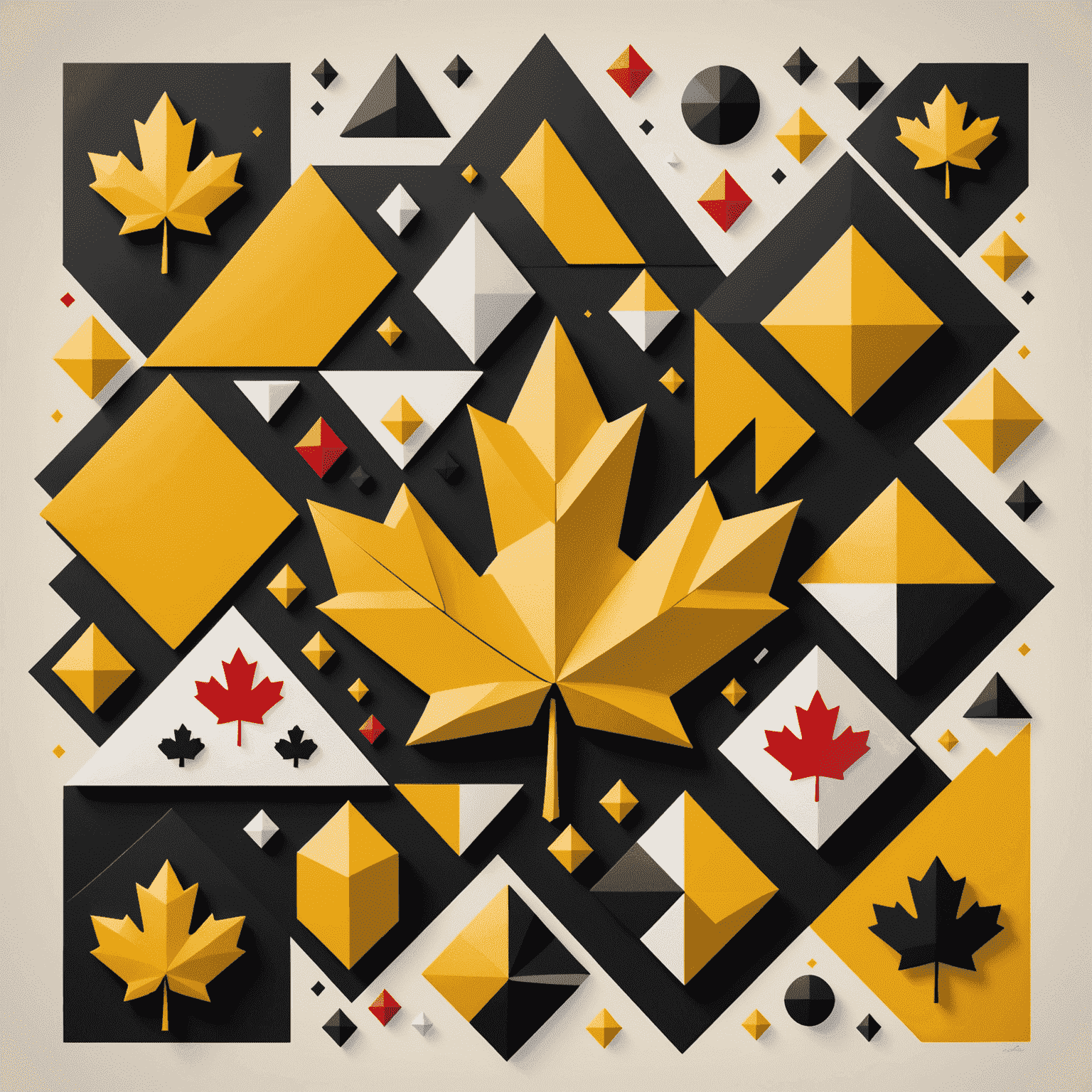 An abstract representation of Canadian gaming culture using geometric shapes. The image features a stylized maple leaf, casino elements, and iconic Canadian symbols, all arranged in a modern, geometric composition with bold yellow and black contrasts.