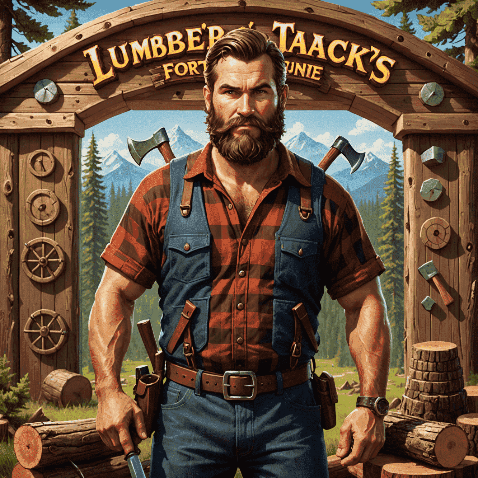 Lumberjack's Fortune slot game showing axes, logs, and a burly lumberjack character