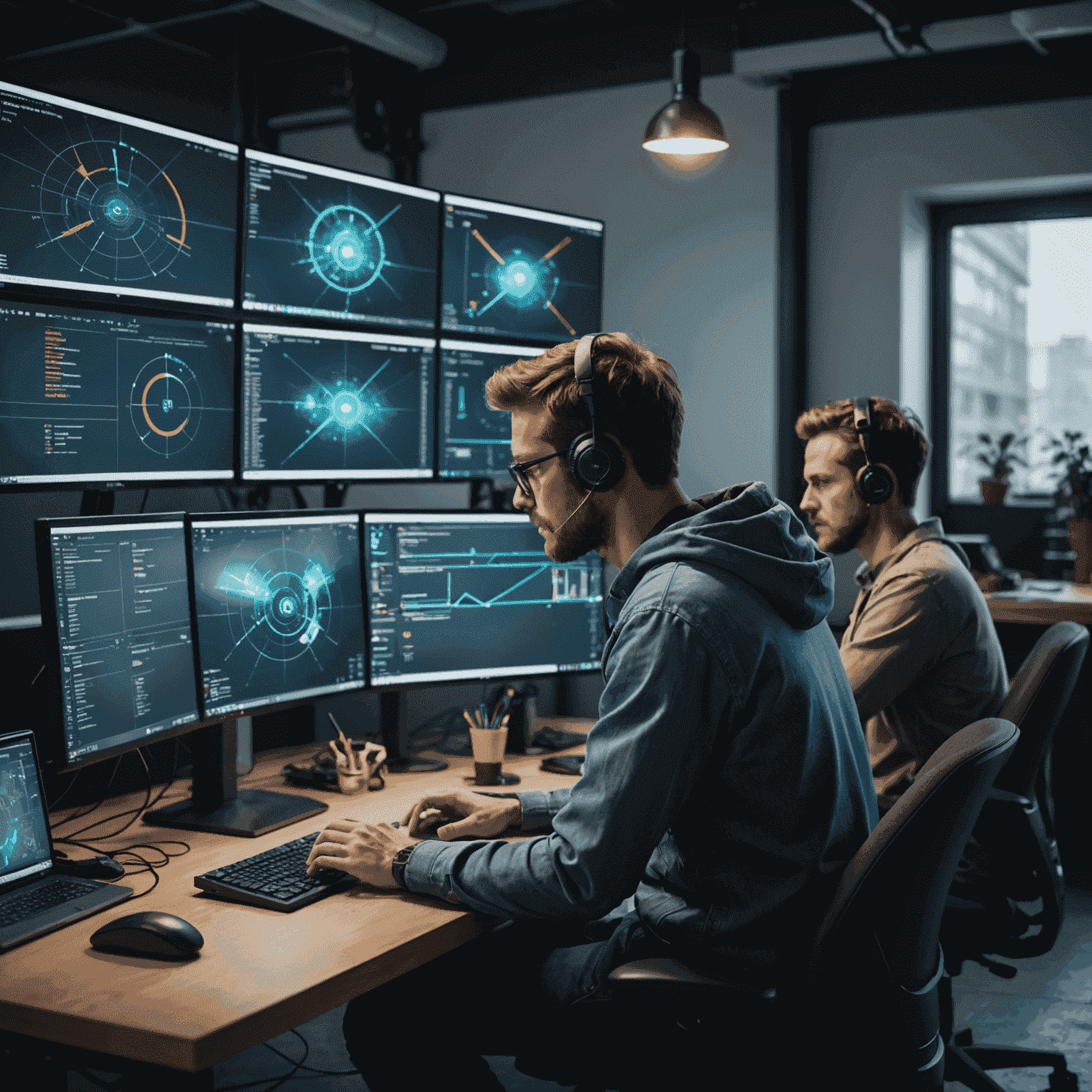 Developers working on computer screens with game code and graphics