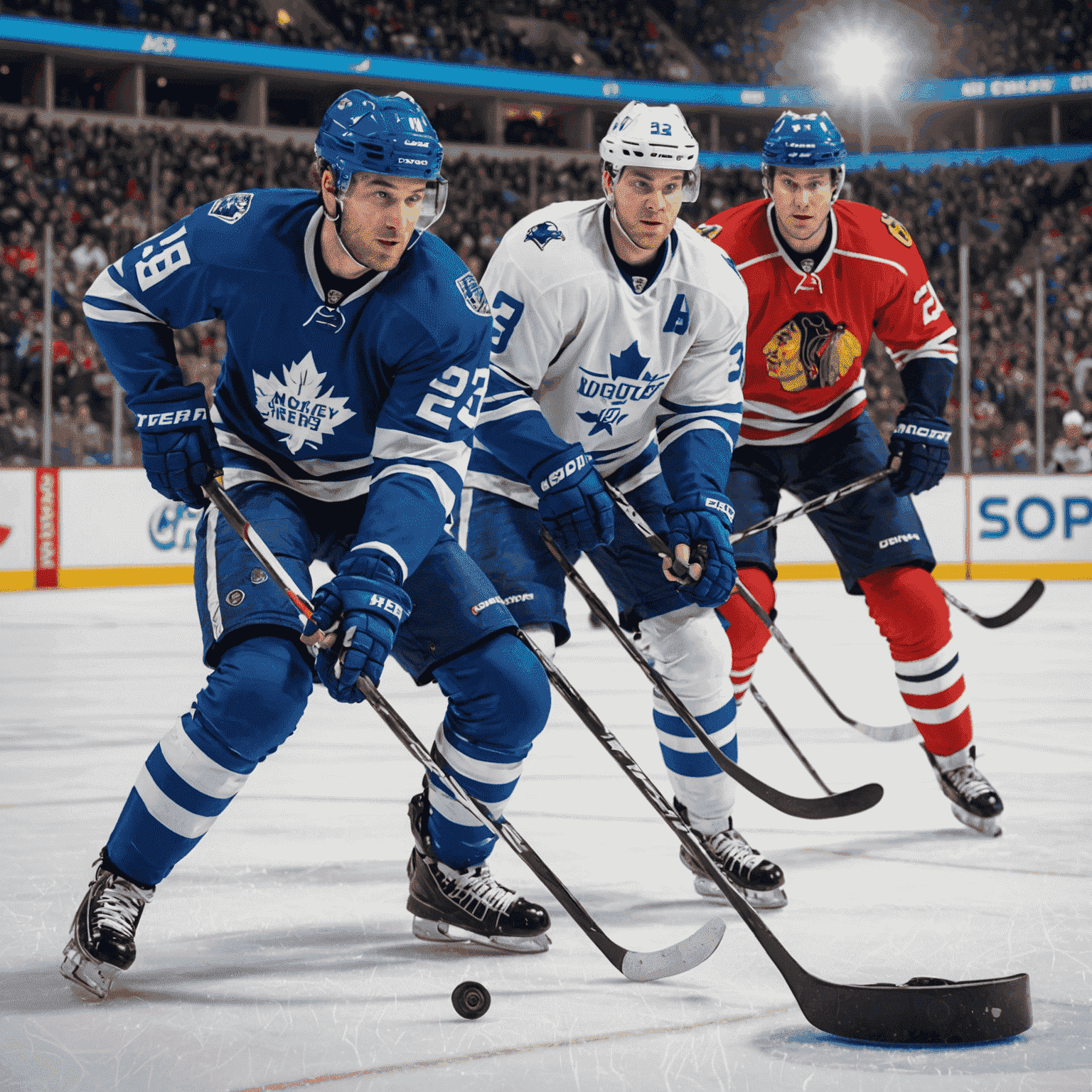 Hockey Hero slot game featuring hockey players, pucks, and an ice rink background
